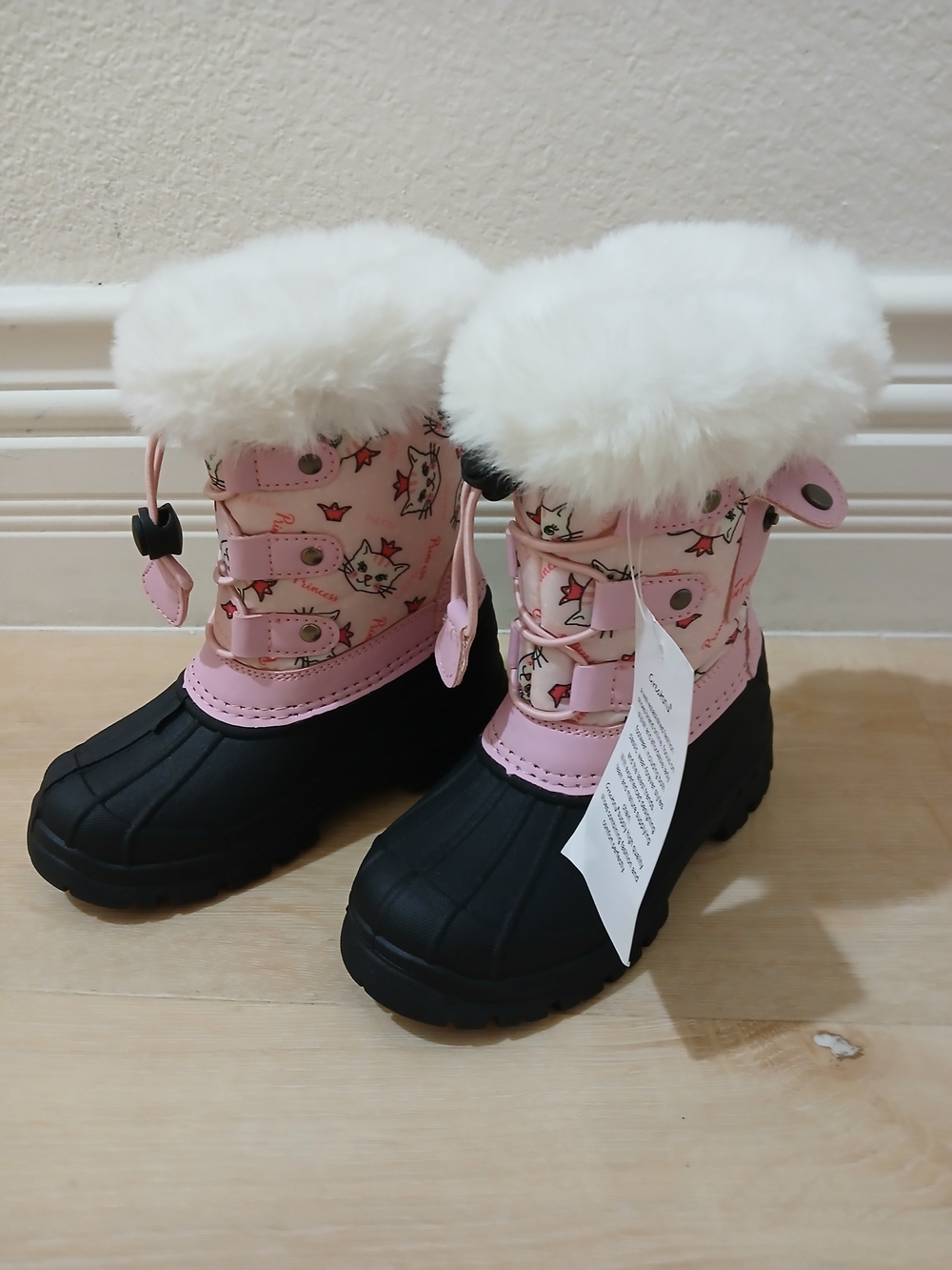 Greatonu Pink & Black Kids Snow Boots with Faux Fur Cuff Kitty Cat Princess